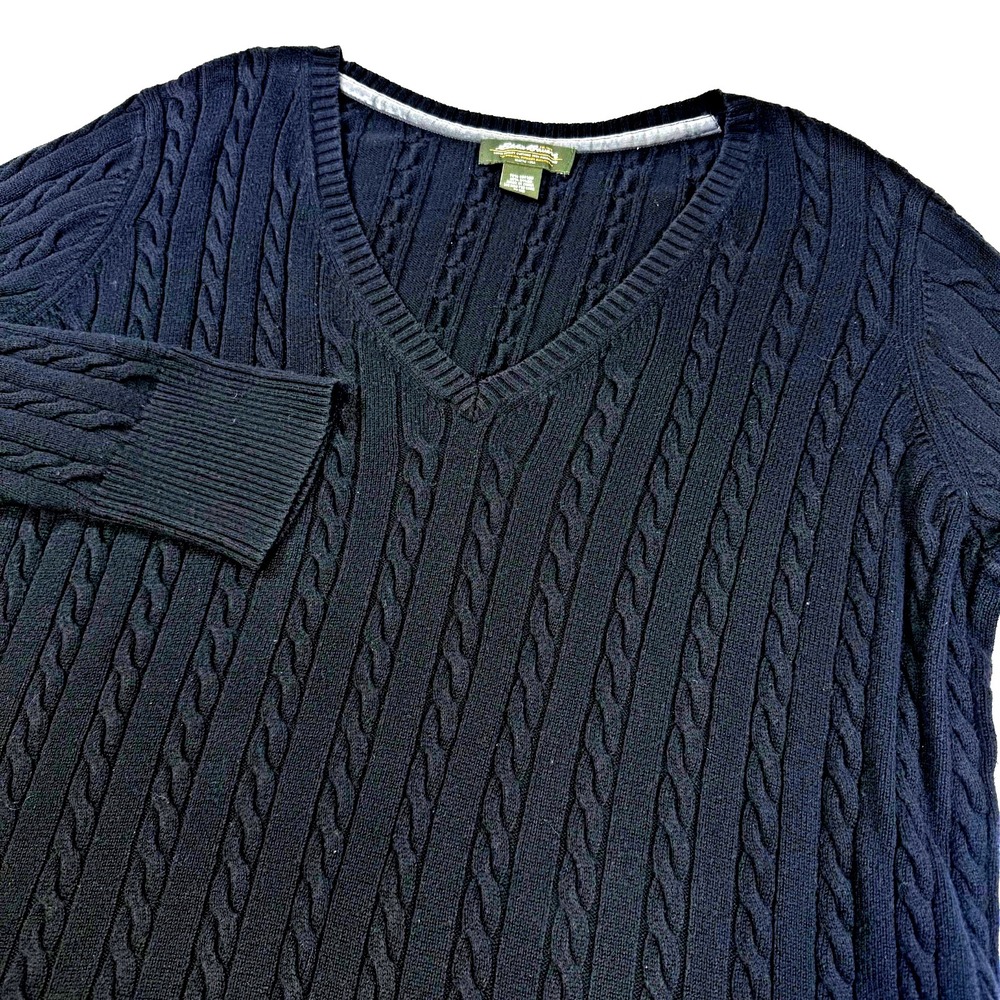 Eddie Bauer V-Neck Cotton Blend Cable Knit Sweater Black Women's‎ Size 4X